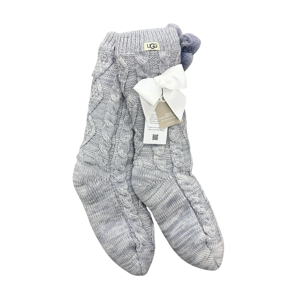 UGG Pom Pom Fleece Lined‎ Crew Socks Purple Gray NWT Size 9-11